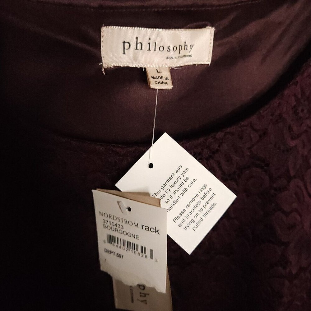 Philosophy Womens New Maroon Purple Black Lace Stretchy Top Large - Picture 4 of 6